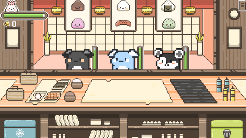 3 bears ordering food at a cafe counter.